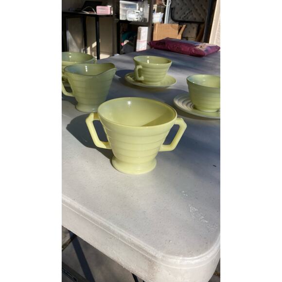 Hazel Atlas mid century Modern stone 4 cups/sausers a Sugar Bowl and Creamer - Picture 10 of 12